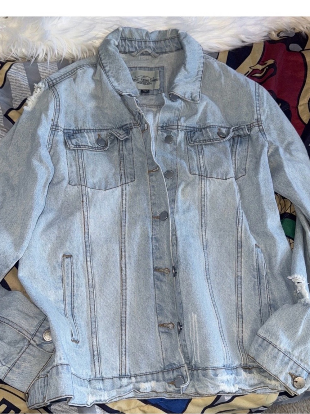 Ashley Vintage Charm Distressed Jean Jacket Women's Size S Blue Denim